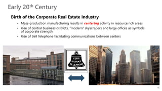 Early 20th Century
Birth of the Corporate Real Estate Industry
 Mass-production manufacturing results in centering activity in resource rich areas
 Rise of central business districts, “modern” skyscrapers and large offices as symbols
of corporate strength
 Rise of Bell Telephone facilitating communications between centers
 