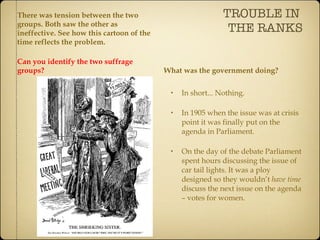 TROUBLE IN  THE RANKS There was tension between the two groups. Both saw the other as ineffective. See how this cartoon of the time reflects the problem. Can you identify the two suffrage groups? What was the government doing? In short... Nothing. In 1905 when the issue was at crisis point it was finally put on the agenda in Parliament. On the day of the debate Parliament spent hours discussing the issue of car tail lights. It was a ploy designed so they wouldn’t  have time  discuss the next issue on the agenda – votes for women. 
