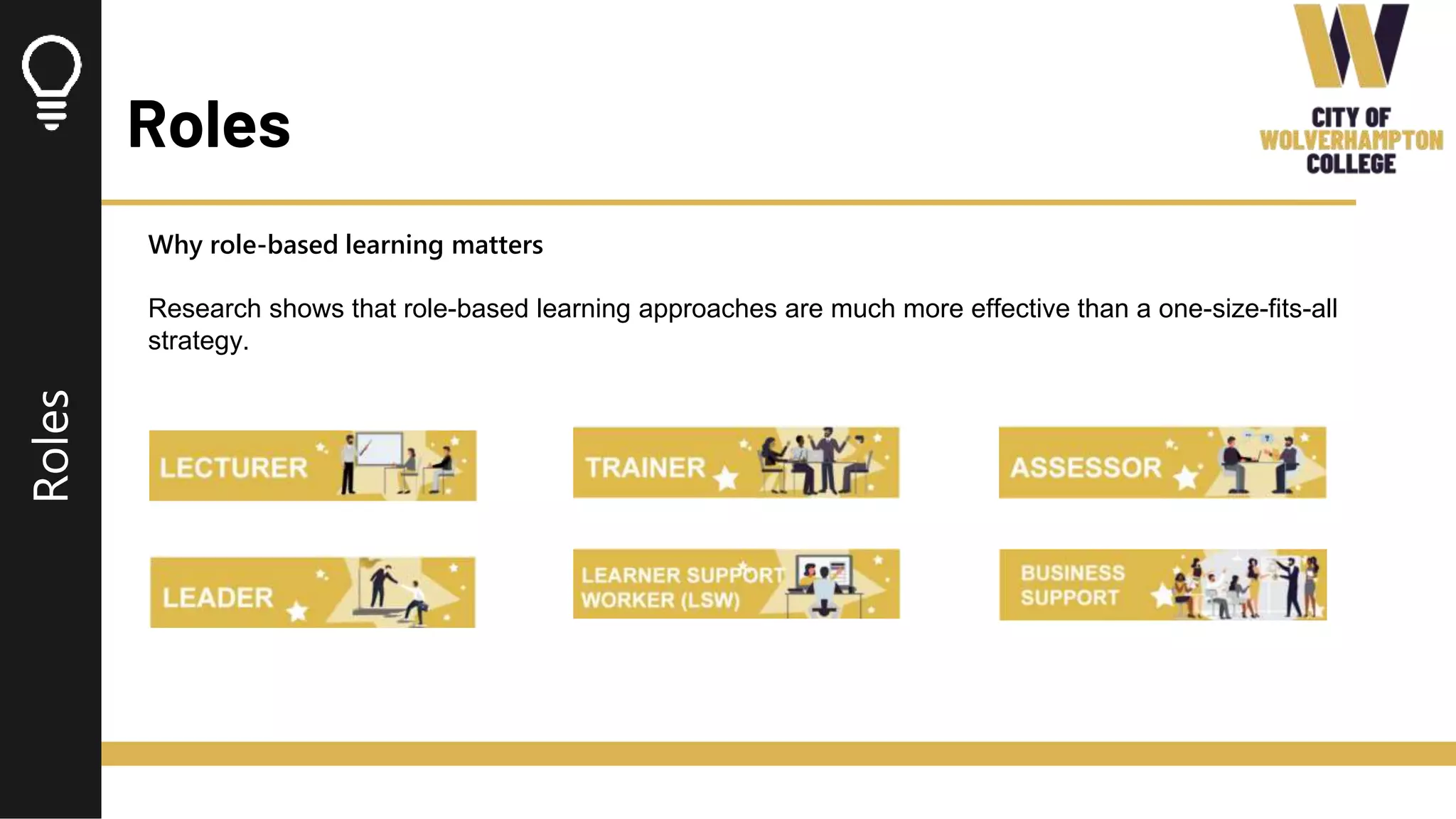 Roles
Roles
Why role-based learning matters
Research shows that role-based learning approaches are much more effective than a one-size-fits-all
strategy.
 