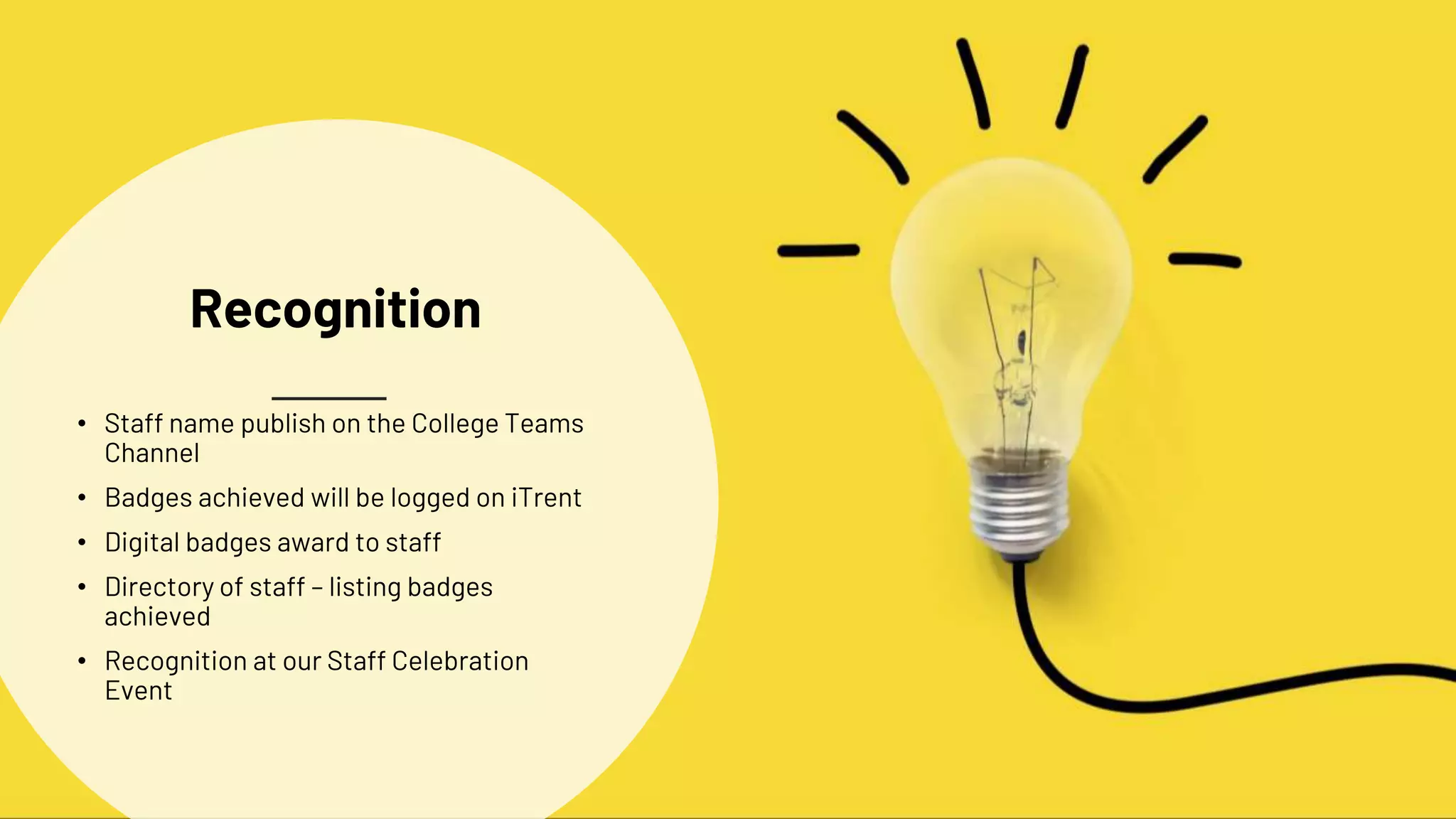 Recognition
• Staff name publish on the College Teams
Channel
• Badges achieved will be logged on iTrent
• Digital badges award to staff
• Directory of staff – listing badges
achieved
• Recognition at our Staff Celebration
Event
 