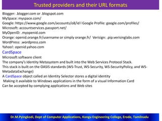 Trusted providers and their URL formats
Blogger: .blogger.com or .blogspot.com
MySpace: myspace.com/
Google: https://www.google.com/accounts/o8/id l Google Profile: google.com/profiles/
Microsoft: accountservices.passport.net/
MyOpenID: .myopenid.com
Orange: openid.orange.fr/username or simply orange.fr/ Verisign: .pip.verisinglabs.com
WordPress: .wordpress.com
Yahoo!: openid.yahoo.com
CardSpace
Microsoft software client
The company’s Identity Metasystem and built into the Web Services Protocol Stack.
This stack is built on the OASIS standards (WS-Trust, WS-Security, WS-SecurityPolicy, and WS-
MetadataExchange)
A CardSpace object called an Identity Selector stores a digital identity
Making it available to Windows applications in the form of a visual Information Card
Can be accepted by complying applications and Web sites
Dr.M.Pyingkodi, Dept of Computer Applications, Kongu Engineering College, Erode, Tamilnadu
 