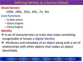 Defining Identity as a Service (IDaaS)
IDaaS Servers
.COM, .ORG, .EDU, .MIL, .TV, .RU
Core functions
– A data stores
– Query Engine
– Policy Engine
Identity
 A set of characteristics or traits that make something
recognizable or known a digital identity
 Attributes and metadata of an object along with a set of
relationships with other objects that makes an object
identifiable
Dr.M.Pyingkodi, Dept of Computer Applications, Kongu Engineering College, Erode, Tamilnadu
 