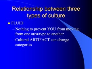 Relationship between three
          types of culture
   FLUID
     – Nothing to prevent YOU from moving
       from one area/type to another
     – Cultural ARTIFACT can change
       categories
 