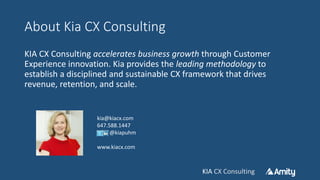 KIA CX ConsultingKIA CX Consulting
About Kia CX Consulting
KIA CX Consulting accelerates business growth through Customer
Experience innovation. Kia provides the leading methodology to
establish a disciplined and sustainable CX framework that drives
revenue, retention, and scale.
kia@kiacx.com
647.588.1447
@kiapuhm
www.kiacx.com
 