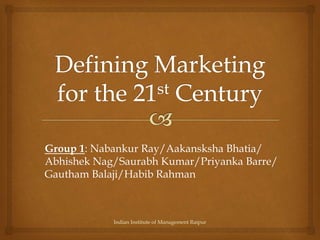 Group 1: Nabankur Ray/Aakansksha Bhatia/
Abhishek Nag/Saurabh Kumar/Priyanka Barre/
Gautham Balaji/Habib Rahman
Indian Institute of Management Raipur
 