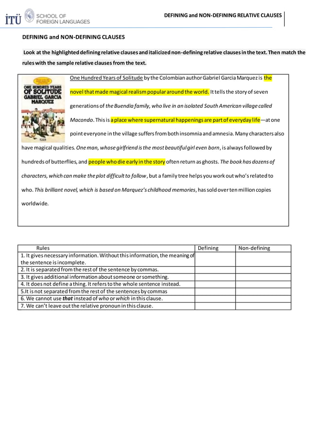 Defining & non defining relatives exercises & summary chart | PDF