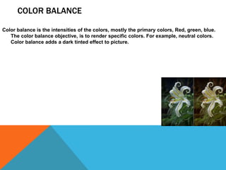 COLOR BALANCE
Color balance is the intensities of the colors, mostly the primary colors, Red, green, blue.
The color balance objective, is to render specific colors. For example, neutral colors.
Color balance adds a dark tinted effect to picture.
 