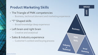 Product Marketing Skills
• TheTriangle of PMK competencies
– Business, technical (domain) and marketing experience
• “T” S...