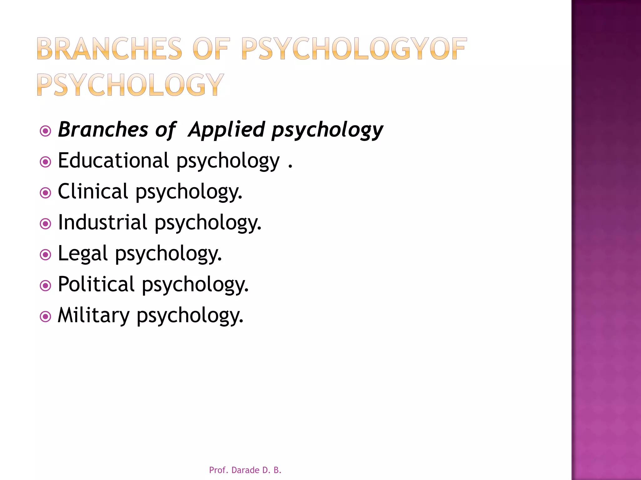 Branches of psychologyof psychologyBranches of  Applied psychologyEducational psychology .Clinical psychology.Industrial psychology.Legal psychology.Political psychology.Military psychology.Prof. Darade D. B.