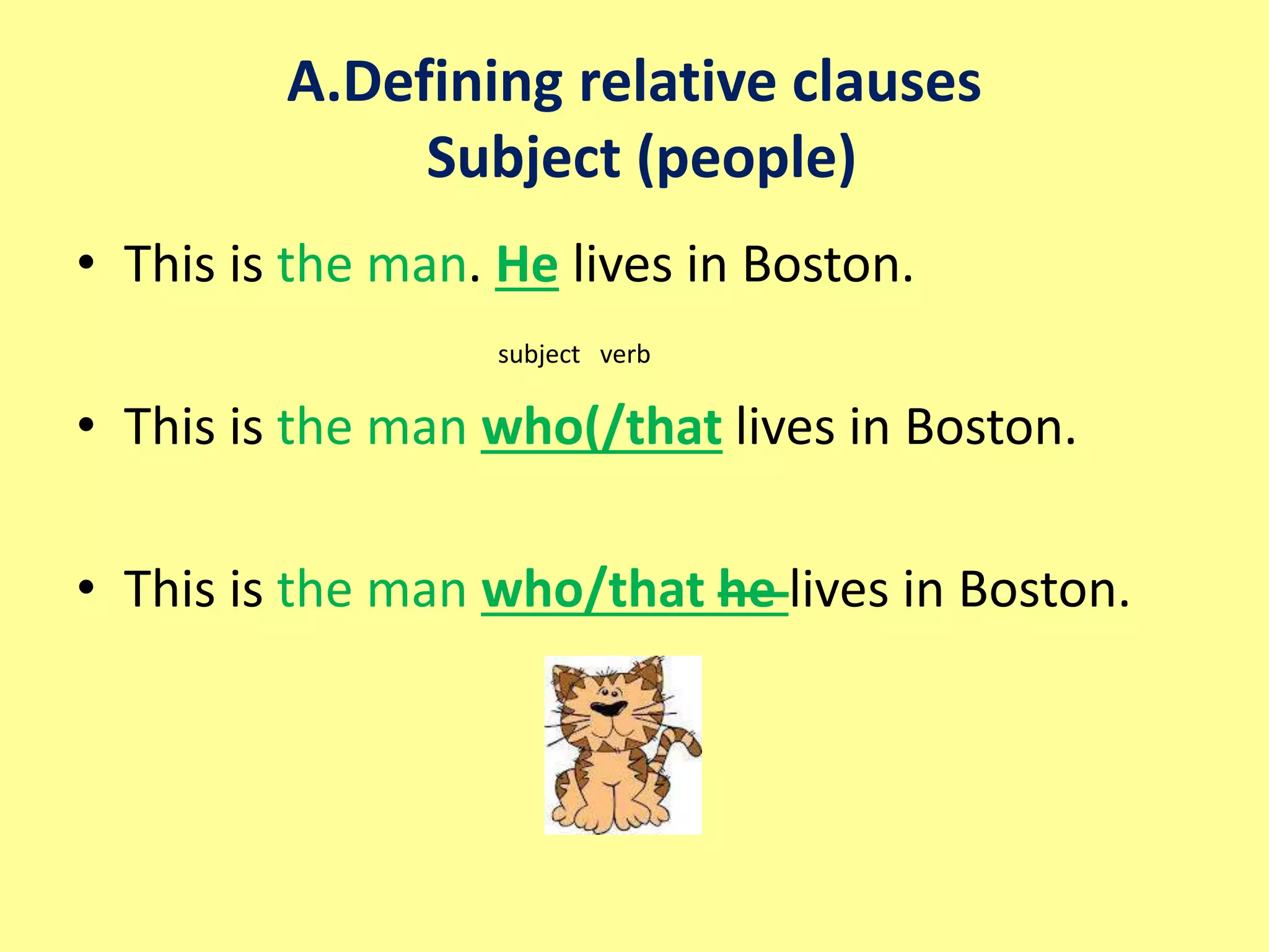 A.Defining relative clauses 
Subject (people) 
• This is the man. He lives in Boston. 
subject verb 
• This is the man who(/that lives in Boston. 
• This is the man who/that he lives in Boston. 
 