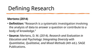 Defining Research
Mertens (2014)
• Definition: “Research is a systematic investigation involving
the analysis of data to answer a question or contribute to a
body of knowledge.”
• Source: Mertens, D. M. (2014). Research and Evaluation in
Education and Psychology: Integrating Diversity with
Quantitative, Qualitative, and Mixed Methods (4th ed.). SAGE
Publications.
 