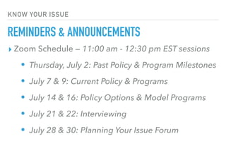 KNOW YOUR ISSUE
REMINDERS & ANNOUNCEMENTS
▸ Zoom Schedule — 11:00 am - 12:30 pm EST sessions
• Thursday, July 2: Past Policy & Program Milestones
• July 7 & 9: Current Policy & Programs
• July 14 & 16: Policy Options & Model Programs
• July 21 & 22: Interviewing
• July 28 & 30: Planning Your Issue Forum
 