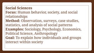 Social Sciences
Focus: Human behavior, society, and social
relationships
Method: Observation, surveys, case studies,
statistics, and analysis of social patterns
Examples: Sociology, Psychology, Economics,
Political Science, Anthropology
Goal: To explain how individuals and groups
interact within society
 