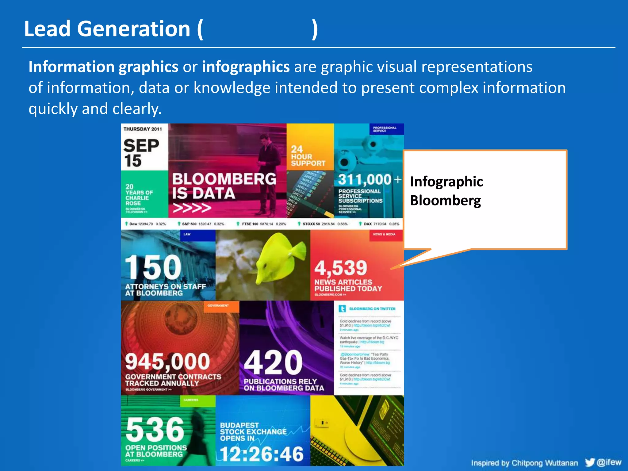 Lead Generation ( )
Information graphics or infographics are graphic visual representations
of information, data or knowledge intended to present complex information
quickly and clearly.
Infographic
Bloomberg
 