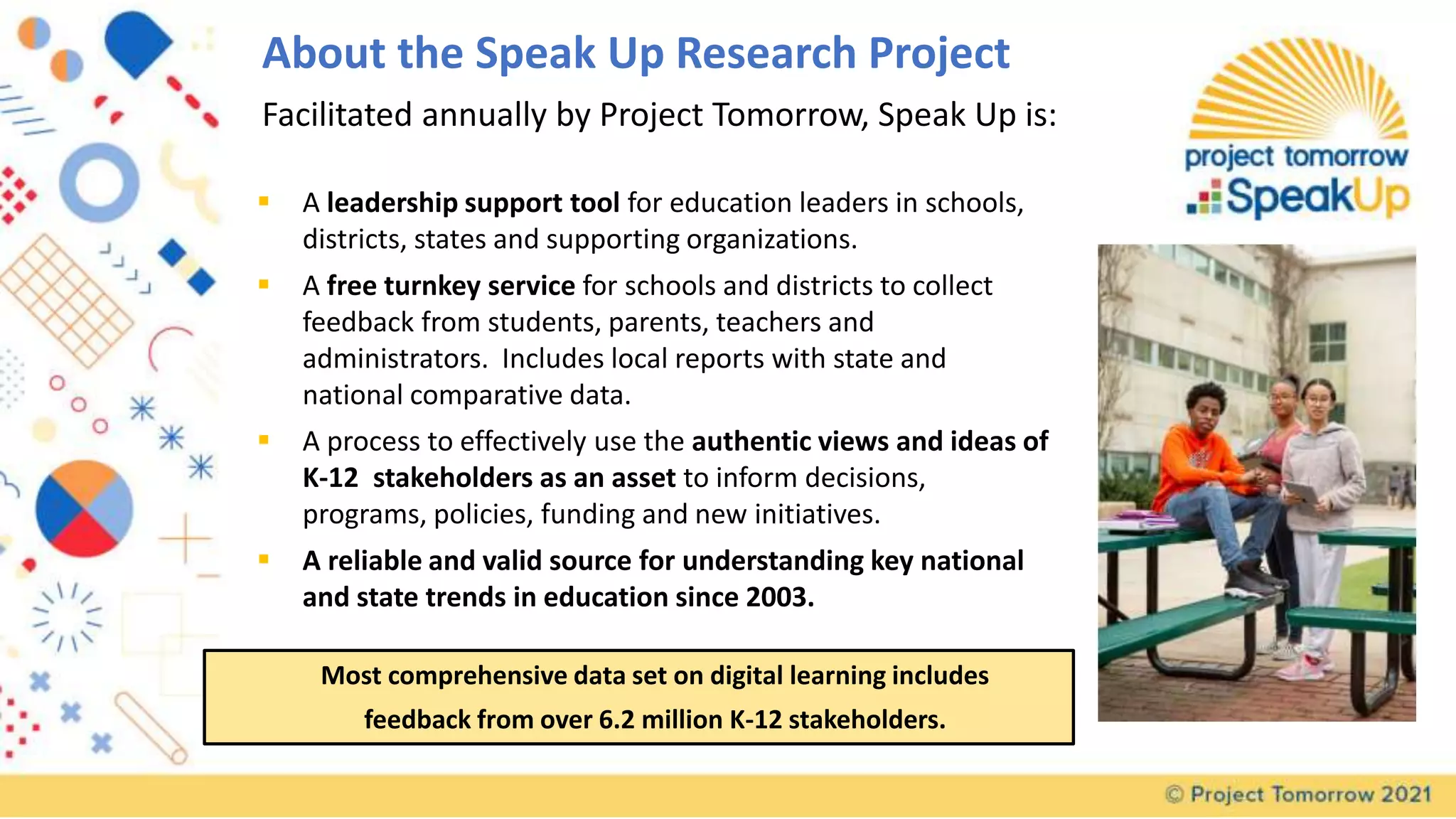 About the Speak Up Research Project
 A leadership support tool for education leaders in schools,
districts, states and supporting organizations.
 A free turnkey service for schools and districts to collect
feedback from students, parents, teachers and
administrators. Includes local reports with state and
national comparative data.
 A process to effectively use the authentic views and ideas of
K-12 stakeholders as an asset to inform decisions,
programs, policies, funding and new initiatives.
 A reliable and valid source for understanding key national
and state trends in education since 2003.
Facilitated annually by Project Tomorrow, Speak Up is:
Most comprehensive data set on digital learning includes
feedback from over 6.2 million K-12 stakeholders.
 
