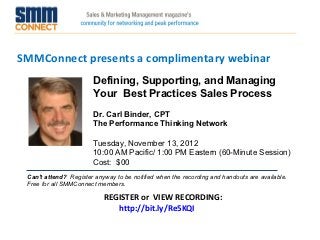 SMMConnect presents a complimentary webinar
                        Defining, Supporting, and Managing
                        Your Best Practices Sales Process
                        Dr. Carl Binder, CPT
                        The Performance Thinking Network

                        Tuesday, November 13, 2012
                        10:00 AM Pacific/ 1:00 PM Eastern (60-Minute Session)
                        Cost: $00
 Can't attend?  Register anyway to be notified when the recording and handouts are available. 
 Free for all SMMConnect members.

                            REGISTER or VIEW RECORDING:
                               http://bit.ly/Re5KQI
 