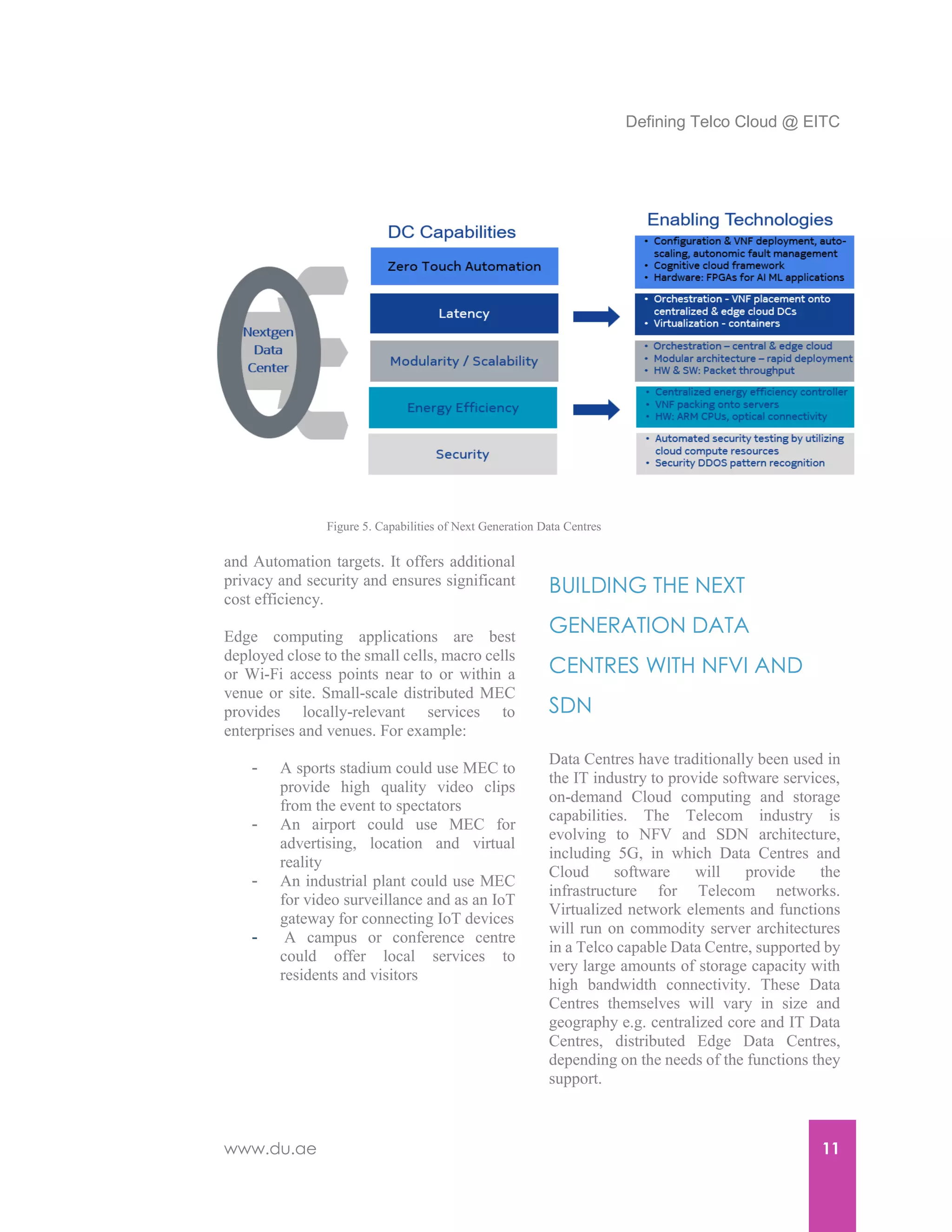 Defining Telco Cloud @ EITC
www.du.ae 11
and Automation targets. It offers additional
privacy and security and ensures significant
cost efficiency.
Edge computing applications are best
deployed close to the small cells, macro cells
or Wi-Fi access points near to or within a
venue or site. Small-scale distributed MEC
provides locally-relevant services to
enterprises and venues. For example:
- A sports stadium could use MEC to
provide high quality video clips
from the event to spectators
- An airport could use MEC for
advertising, location and virtual
reality
- An industrial plant could use MEC
for video surveillance and as an IoT
gateway for connecting IoT devices
- A campus or conference centre
could offer local services to
residents and visitors
BUILDING THE NEXT
GENERATION DATA
CENTRES WITH NFVI AND
SDN
Data Centres have traditionally been used in
the IT industry to provide software services,
on-demand Cloud computing and storage
capabilities. The Telecom industry is
evolving to NFV and SDN architecture,
including 5G, in which Data Centres and
Cloud software will provide the
infrastructure for Telecom networks.
Virtualized network elements and functions
will run on commodity server architectures
in a Telco capable Data Centre, supported by
very large amounts of storage capacity with
high bandwidth connectivity. These Data
Centres themselves will vary in size and
geography e.g. centralized core and IT Data
Centres, distributed Edge Data Centres,
depending on the needs of the functions they
support.
Figure 5. Capabilities of Next Generation Data Centres
 