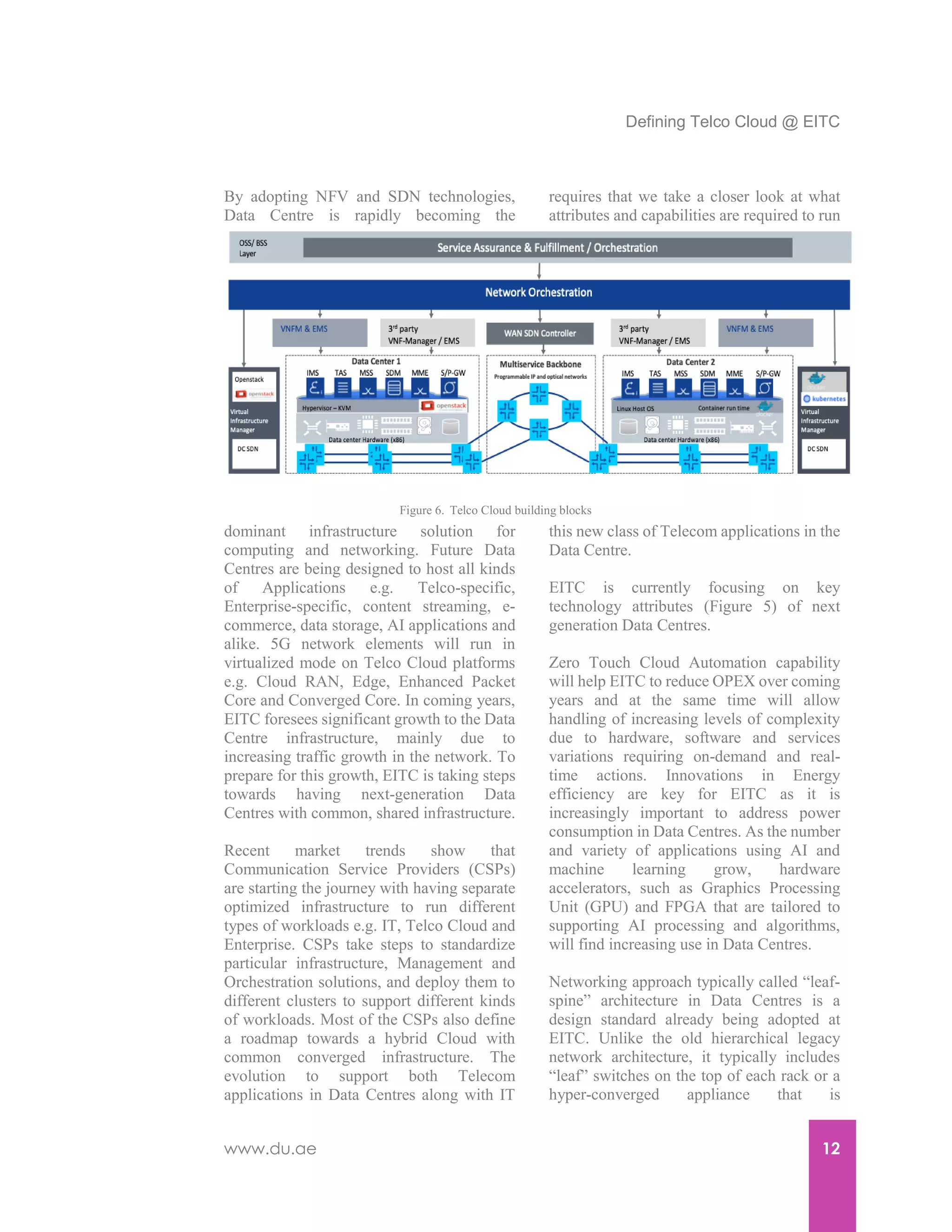 Defining Telco Cloud @ EITC
www.du.ae 12
By adopting NFV and SDN technologies,
Data Centre is rapidly becoming the
dominant infrastructure solution for
computing and networking. Future Data
Centres are being designed to host all kinds
of Applications e.g. Telco-specific,
Enterprise-specific, content streaming, e-
commerce, data storage, AI applications and
alike. 5G network elements will run in
virtualized mode on Telco Cloud platforms
e.g. Cloud RAN, Edge, Enhanced Packet
Core and Converged Core. In coming years,
EITC foresees significant growth to the Data
Centre infrastructure, mainly due to
increasing traffic growth in the network. To
prepare for this growth, EITC is taking steps
towards having next-generation Data
Centres with common, shared infrastructure.
Recent market trends show that
Communication Service Providers (CSPs)
are starting the journey with having separate
optimized infrastructure to run different
types of workloads e.g. IT, Telco Cloud and
Enterprise. CSPs take steps to standardize
particular infrastructure, Management and
Orchestration solutions, and deploy them to
different clusters to support different kinds
of workloads. Most of the CSPs also define
a roadmap towards a hybrid Cloud with
common converged infrastructure. The
evolution to support both Telecom
applications in Data Centres along with IT
requires that we take a closer look at what
attributes and capabilities are required to run
this new class of Telecom applications in the
Data Centre.
EITC is currently focusing on key
technology attributes (Figure 5) of next
generation Data Centres.
Zero Touch Cloud Automation capability
will help EITC to reduce OPEX over coming
years and at the same time will allow
handling of increasing levels of complexity
due to hardware, software and services
variations requiring on-demand and real-
time actions. Innovations in Energy
efficiency are key for EITC as it is
increasingly important to address power
consumption in Data Centres. As the number
and variety of applications using AI and
machine learning grow, hardware
accelerators, such as Graphics Processing
Unit (GPU) and FPGA that are tailored to
supporting AI processing and algorithms,
will find increasing use in Data Centres.
Networking approach typically called “leaf-
spine” architecture in Data Centres is a
design standard already being adopted at
EITC. Unlike the old hierarchical legacy
network architecture, it typically includes
“leaf” switches on the top of each rack or a
hyper-converged appliance that is
Figure 6. Telco Cloud building blocks
 
