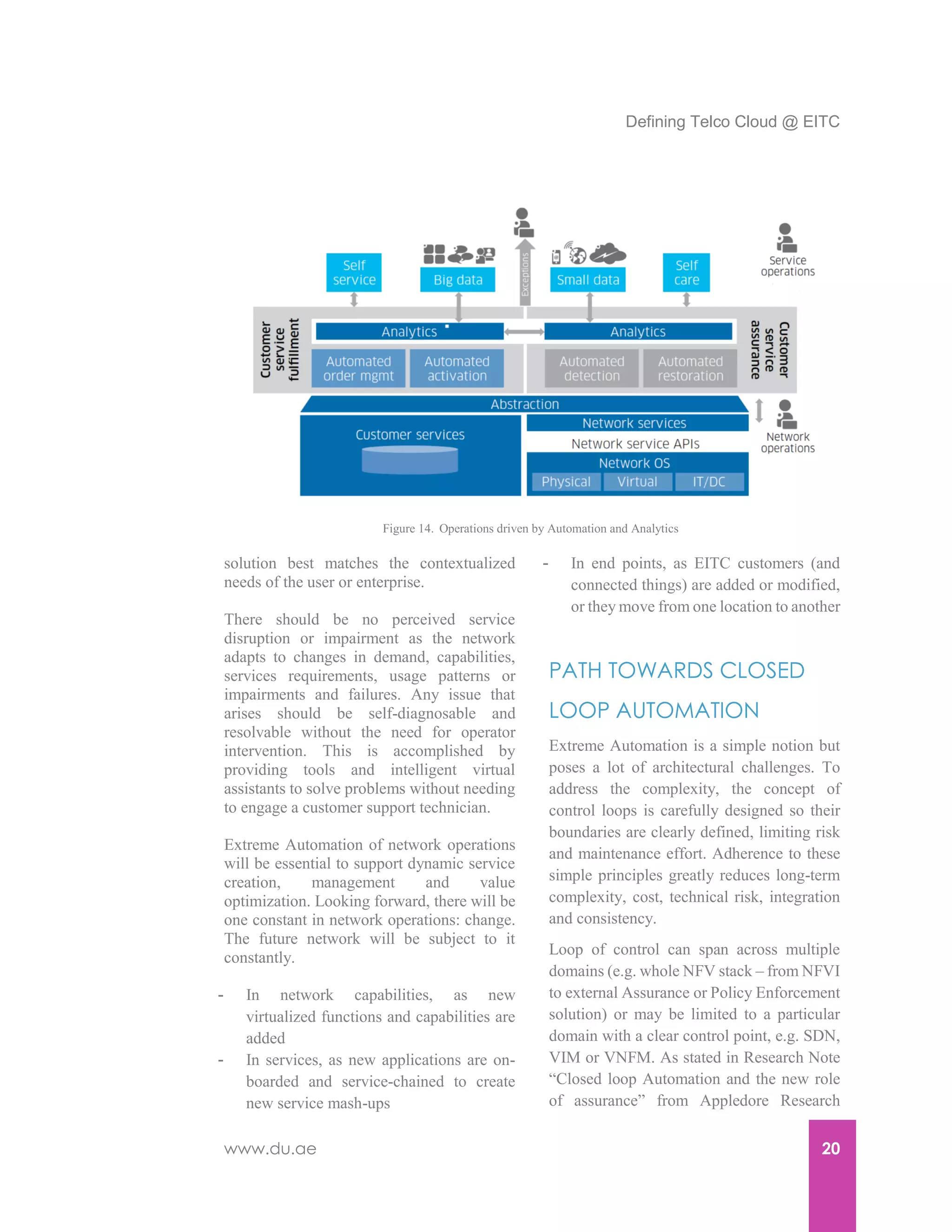 Defining Telco Cloud @ EITC
www.du.ae 20
solution best matches the contextualized
needs of the user or enterprise.
There should be no perceived service
disruption or impairment as the network
adapts to changes in demand, capabilities,
services requirements, usage patterns or
impairments and failures. Any issue that
arises should be self-diagnosable and
resolvable without the need for operator
intervention. This is accomplished by
providing tools and intelligent virtual
assistants to solve problems without needing
to engage a customer support technician.
Extreme Automation of network operations
will be essential to support dynamic service
creation, management and value
optimization. Looking forward, there will be
one constant in network operations: change.
The future network will be subject to it
constantly.
- In network capabilities, as new
virtualized functions and capabilities are
added
- In services, as new applications are on-
boarded and service-chained to create
new service mash-ups
- In end points, as EITC customers (and
connected things) are added or modified,
or they move from one location to another
PATH TOWARDS CLOSED
LOOP AUTOMATION
Extreme Automation is a simple notion but
poses a lot of architectural challenges. To
address the complexity, the concept of
control loops is carefully designed so their
boundaries are clearly defined, limiting risk
and maintenance effort. Adherence to these
simple principles greatly reduces long-term
complexity, cost, technical risk, integration
and consistency.
Loop of control can span across multiple
domains (e.g. whole NFV stack – from NFVI
to external Assurance or Policy Enforcement
solution) or may be limited to a particular
domain with a clear control point, e.g. SDN,
VIM or VNFM. As stated in Research Note
“Closed loop Automation and the new role
of assurance” from Appledore Research
Figure 14. Operations driven by Automation and Analytics
 