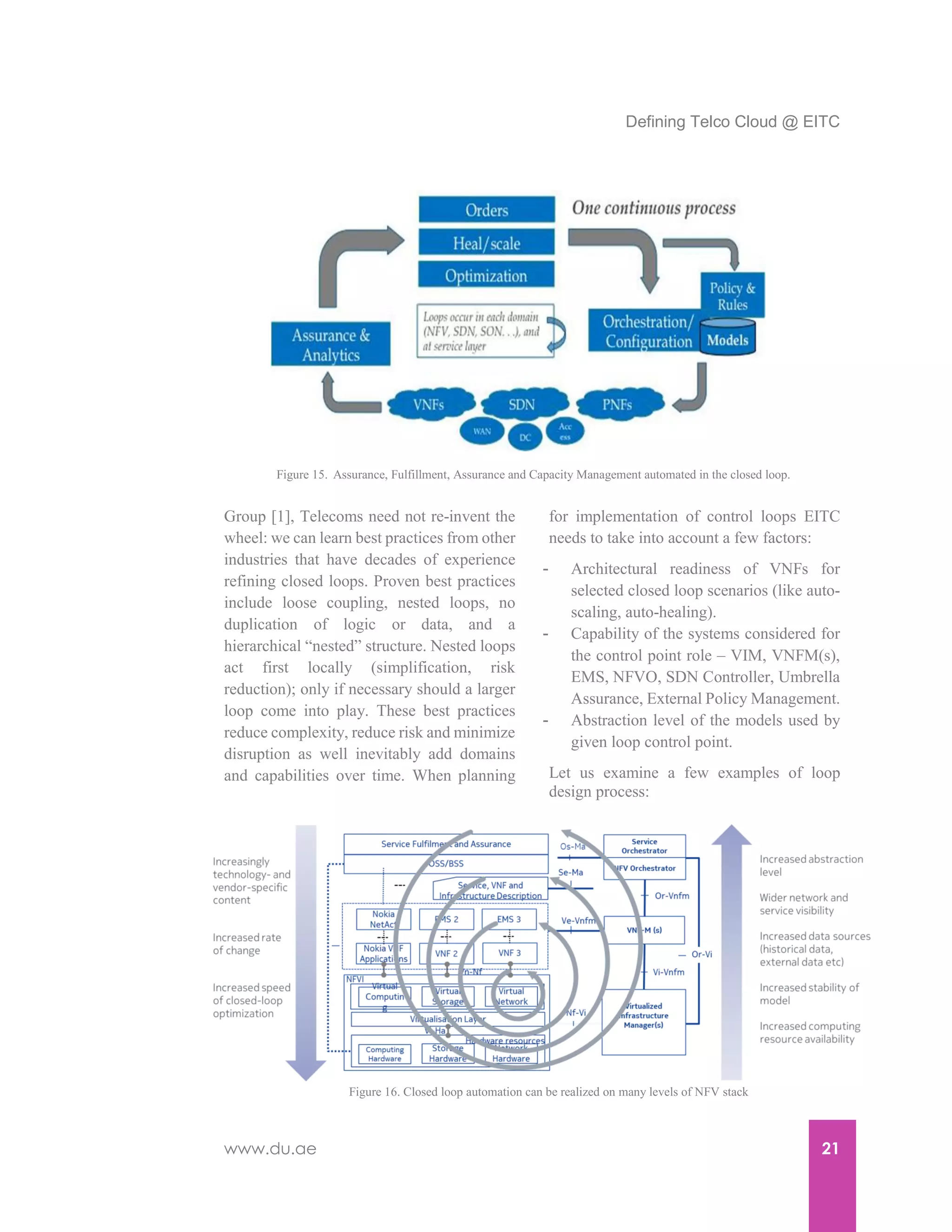 Defining Telco Cloud @ EITC
www.du.ae 21
Group [1], Telecoms need not re-invent the
wheel: we can learn best practices from other
industries that have decades of experience
refining closed loops. Proven best practices
include loose coupling, nested loops, no
duplication of logic or data, and a
hierarchical “nested” structure. Nested loops
act first locally (simplification, risk
reduction); only if necessary should a larger
loop come into play. These best practices
reduce complexity, reduce risk and minimize
disruption as well inevitably add domains
and capabilities over time. When planning
for implementation of control loops EITC
needs to take into account a few factors:
- Architectural readiness of VNFs for
selected closed loop scenarios (like auto-
scaling, auto-healing).
- Capability of the systems considered for
the control point role – VIM, VNFM(s),
EMS, NFVO, SDN Controller, Umbrella
Assurance, External Policy Management.
- Abstraction level of the models used by
given loop control point.
Let us examine a few examples of loop
design process:
Figure 16. Closed loop automation can be realized on many levels of NFV stack
Figure 15. Assurance, Fulfillment, Assurance and Capacity Management automated in the closed loop.
 