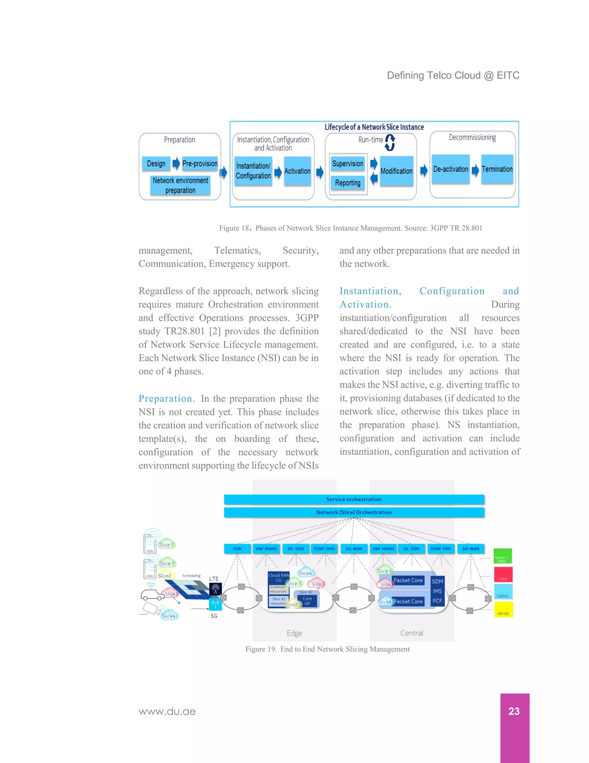 Defining Telco Cloud @ EITC
www.du.ae 23
management, Telematics, Security,
Communication, Emergency support.
Regardless of the approach, network slicing
requires mature Orchestration environment
and effective Operations processes. 3GPP
study TR28.801 [2] provides the definition
of Network Service Lifecycle management.
Each Network Slice Instance (NSI) can be in
one of 4 phases.
Preparation. In the preparation phase the
NSI is not created yet. This phase includes
the creation and verification of network slice
template(s), the on boarding of these,
configuration of the necessary network
environment supporting the lifecycle of NSIs
and any other preparations that are needed in
the network.
Instantiation, Configuration and
Activation. During
instantiation/configuration all resources
shared/dedicated to the NSI have been
created and are configured, i.e. to a state
where the NSI is ready for operation. The
activation step includes any actions that
makes the NSI active, e.g. diverting traffic to
it, provisioning databases (if dedicated to the
network slice, otherwise this takes place in
the preparation phase). NS instantiation,
configuration and activation can include
instantiation, configuration and activation of
Figure 18. Phases of Network Slice Instance Management. Source: 3GPP TR 28.801
Figure 19. End to End Network Slicing Management
 