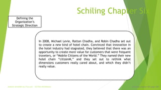 Schiling Chapter Six
Schilling chapter SIX page 109
Defining the
Organization’s
Strategic Direction
In 2008, Michael Levie, Rattan Chadha, and Robin Chadha set out
to create a new kind of hotel chain. Convinced that innovation in
the hotel industry had stagnated, they believed that there was an
opportunity to create more value for customers that were frequent
travelers, or “Mobile Citizens of the World.” They named their new
hotel chain “citizenM,” and they set out to rethink what
dimensions customers really cared about, and which they didn’t
really value.
AHMAD KHAIDIR ALI FULLAH – SISTEM INFORMASI
 