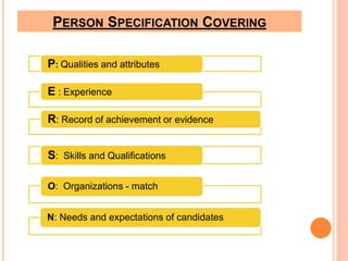 PERSON SPECIFICATION COVERING 
P: Qualities and attributes 
E : Experience 
R: Record of achievement or evidence 
S: Skills and Qualifications 
O: Organizations - match 
N: Needs and expectations of candidates 
 