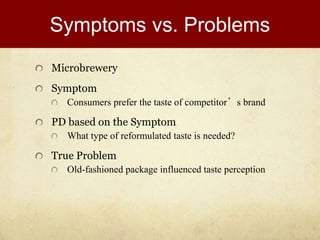 Symptoms vs. Problems
Microbrewery
Symptom
Consumers prefer the taste of competitor’s brand
PD based on the Symptom
What type of reformulated taste is needed?
True Problem
Old-fashioned package influenced taste perception
 