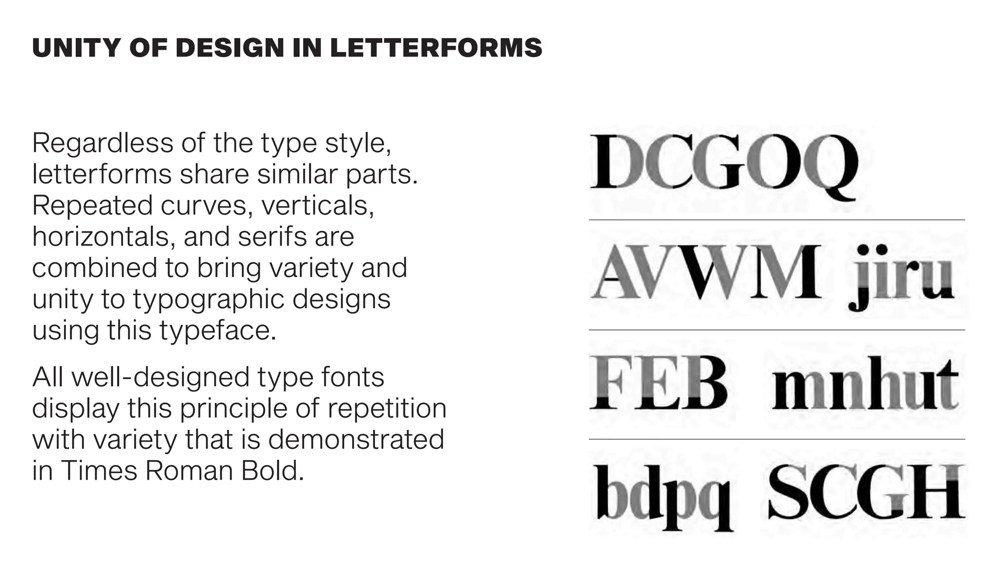UNITY OF DESIGN IN LETTERFORMS
Regardless of the type style,
letterforms share similar parts.
Repeated curves, verticals,
horizontals, and serifs are
combined to bring variety and
unity to typographic designs
using this typeface.
All well-designed type fonts
display this principle of repetition
with variety that is demonstrated
in Times Roman Bold.
 