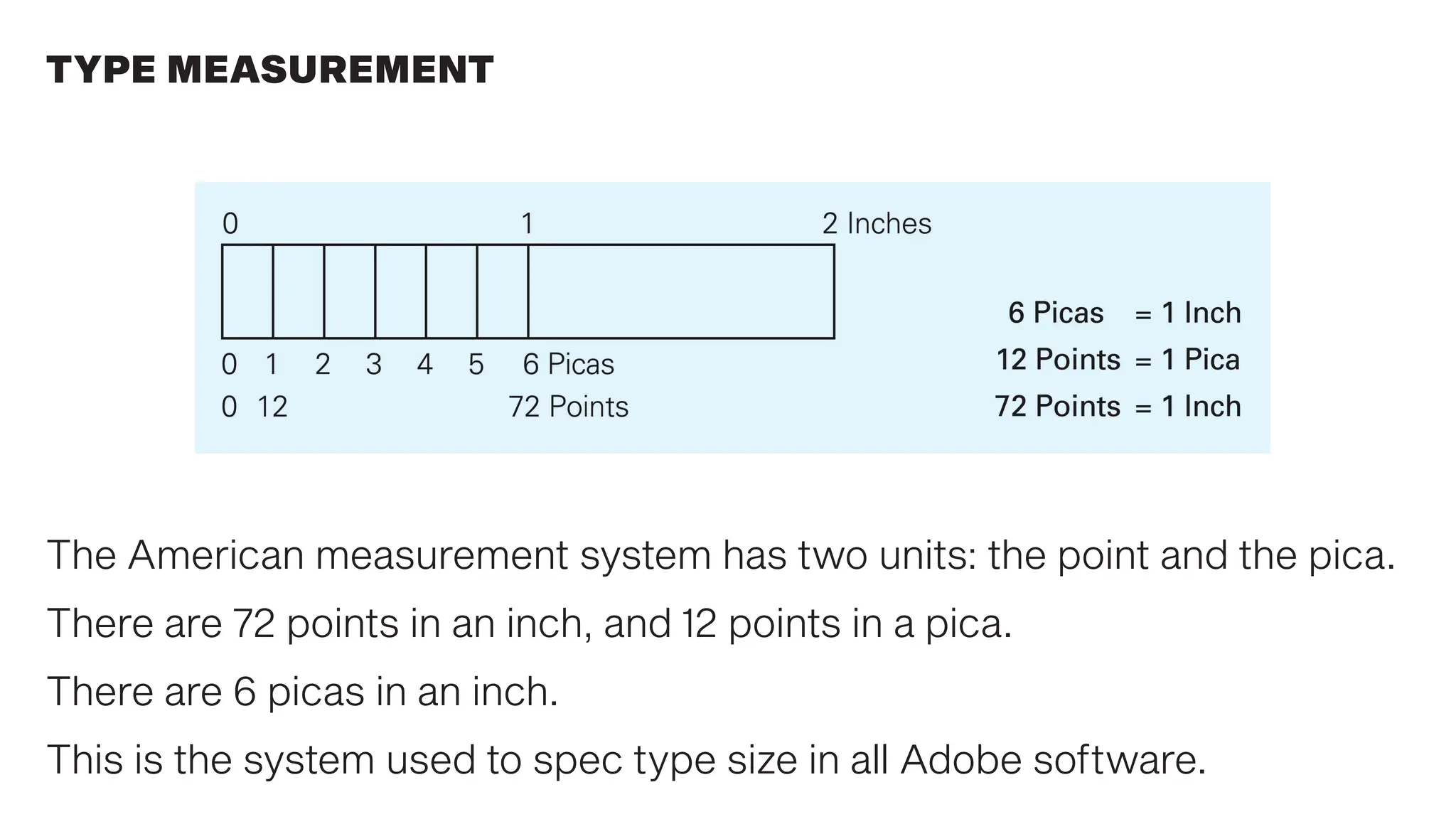 TYPE MEASUREMENT
The American measurement system has two units: the point and the pica.
There are 72 points in an inch, and 12 points in a pica.
There are 6 picas in an inch.
This is the system used to spec type size in all Adobe software.
 
