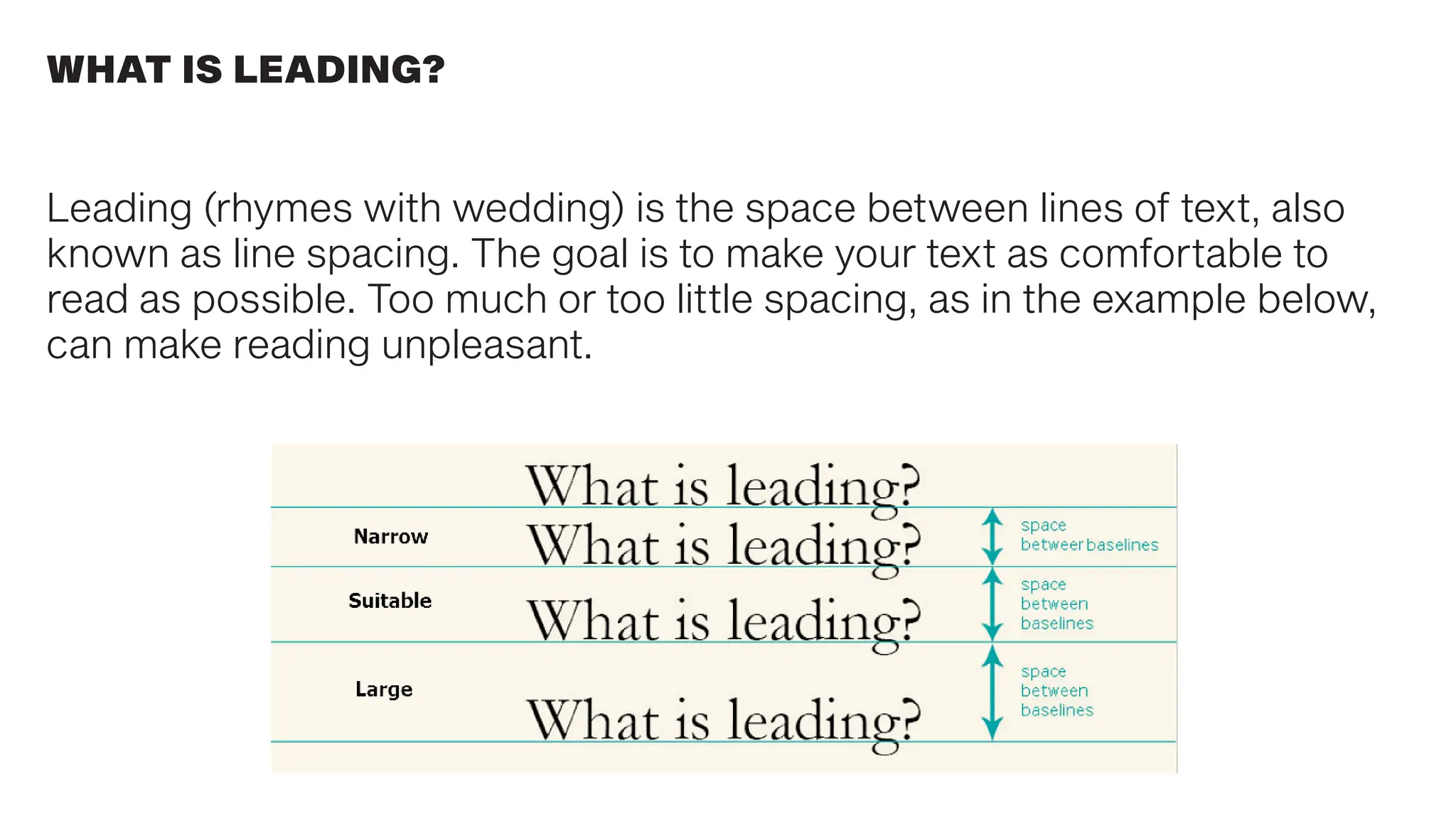 Leading (rhymes with wedding) is the space between lines of text, also
known as line spacing. The goal is to make your text as comfortable to
read as possible. Too much or too little spacing, as in the example below,
can make reading unpleasant.
WHAT IS LEADING?
 
