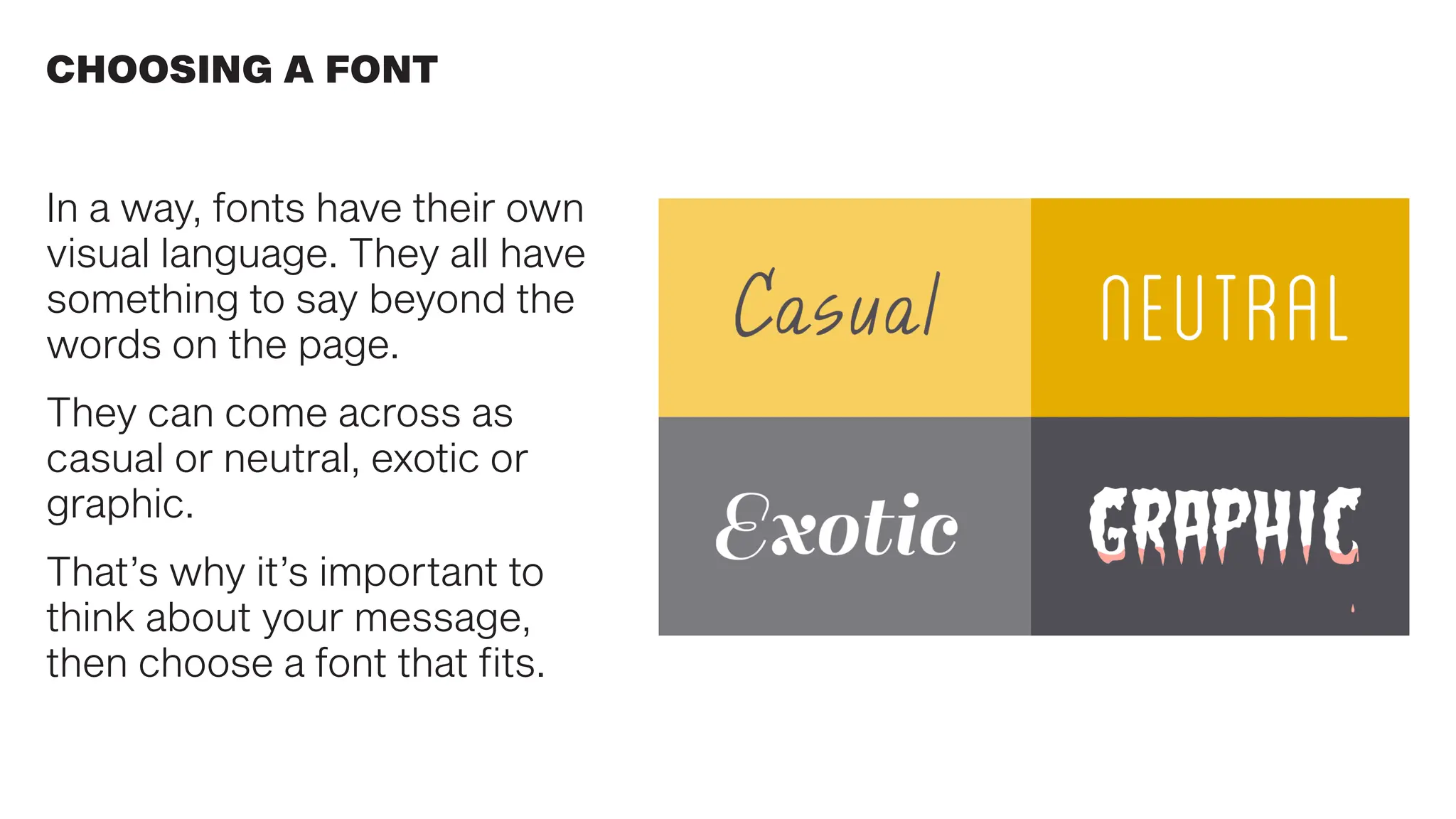In a way, fonts have their own
visual language. They all have
something to say beyond the
words on the page.
They can come across as
casual or neutral, exotic or
graphic.
That’s why it’s important to
think about your message,
then choose a font that fits.
CHOOSING A FONT
 