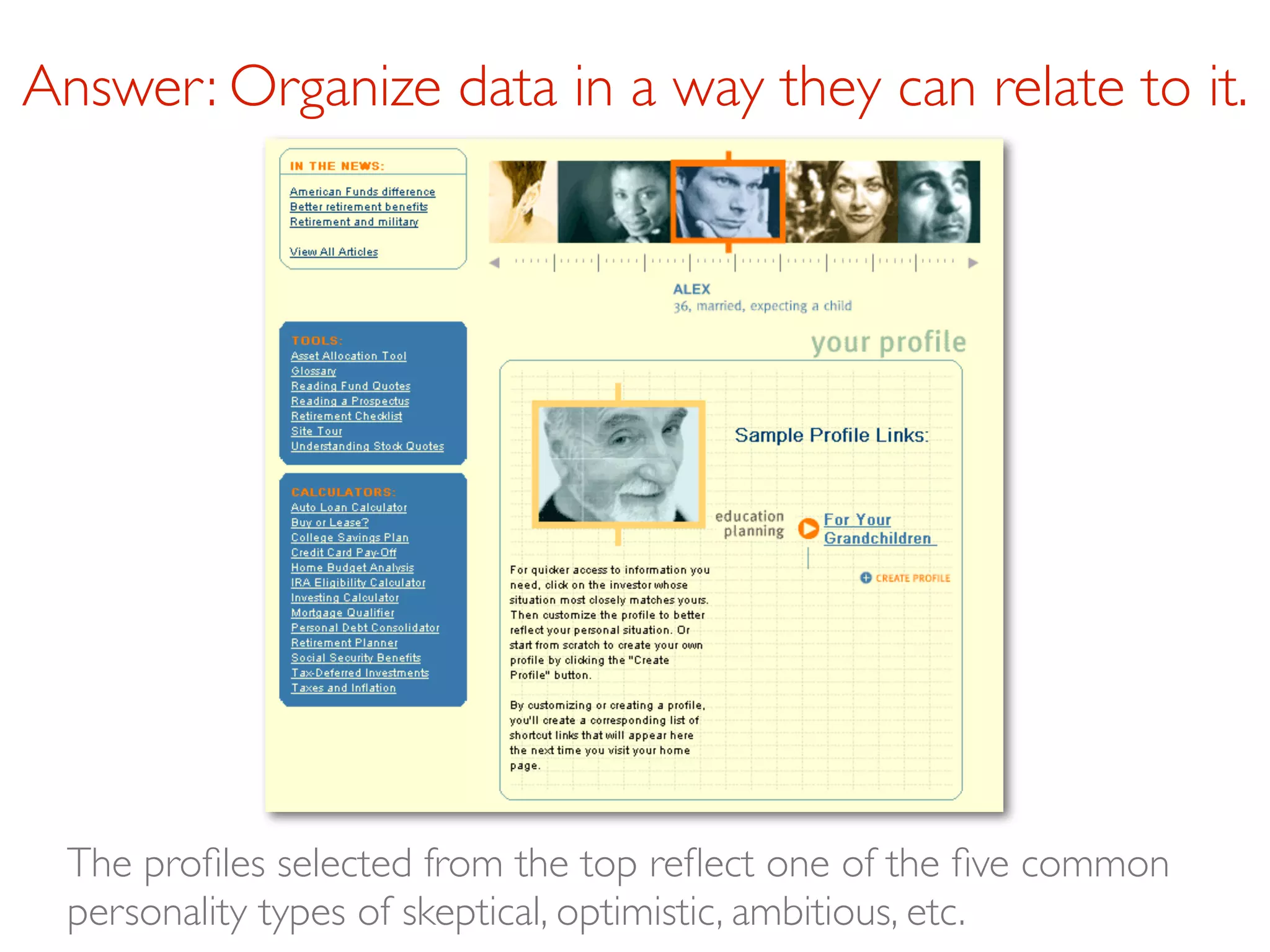 Answer: Organize data in a way they can relate to it.




 The proﬁles selected from the top reﬂect one of the ﬁve common
 personality types of skeptical, optimistic, ambitious, etc.
 