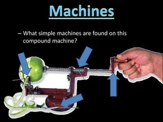 – What simple machines are found on this
compound machine?
 