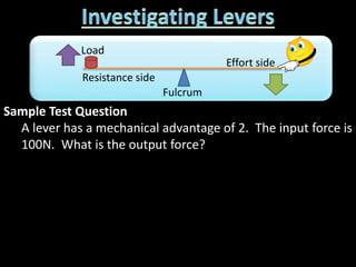 Sample Test Question
A lever has a mechanical advantage of 2. The input force is
100N. What is the output force?
Load
Fulcrum
Effort side
Resistance side
 