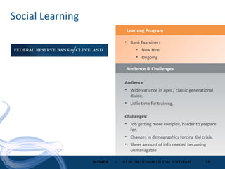 Social Learning Audience & Challenges Learning Program Audience Wide variance in ages / classic generational divide. Little time for training. Challenges:  Job getting more complex, harder to prepare for. Changes in demographics forcing KM crisis. Sheer amount of info needed becoming unmanagable. Bank Examiners New Hire Ongoing 