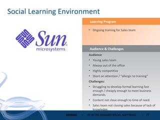 Social Learning Environment Audience & Challenges Learning Program Audience Young sales team Always out of the office Highly competitive Short on attention / “allergic to training” Challenges:  Struggling to develop formal learning fast enough / cheaply enough to meet business demands. Content not close enough to time of need. Sales team not closing sales because of lack of knowledge. Ongoing training for Sales team 