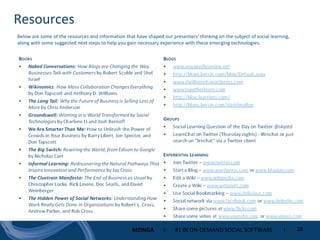 Resources Below are some of the resources and information that have shaped our presenters’ thinking on the subject of social learning, along with some suggested next steps to help you gain necessary experience with these emerging technologies. 