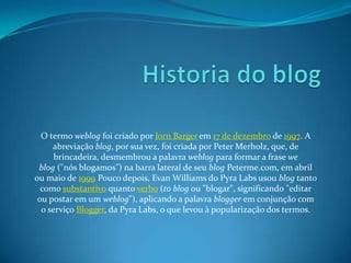 O termo weblog foi criado por Jorn Barger em 17 de dezembro de 1997. A
abreviação blog, por sua vez, foi criada por Peter Merholz, que, de
brincadeira, desmembrou a palavra weblog para formar a frase we
blog ("nós blogamos") na barra lateral de seu blog Peterme.com, em abril
ou maio de 1999 Pouco depois, Evan Williams do Pyra Labs usou blog tanto
como substantivo quanto verbo (to blog ou "blogar", significando "editar
ou postar em um weblog"), aplicando a palavra blogger em conjunção com
o serviço Blogger, da Pyra Labs, o que levou à popularização dos termos.
 