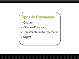 Tipos de Estamparia
 Quadro
 Cilindro/Rotativa
 Transfer/Termotransferência
 Digital
 