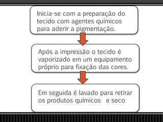 Inicia-se com a preparação do
tecido com agentes químicos
para aderir a pigmentação.
Após a impressão o tecido é
vaporizado em um equipamento
próprio para fixação das cores.
Em seguida é lavado para retirar
os produtos químicos e seco
 
