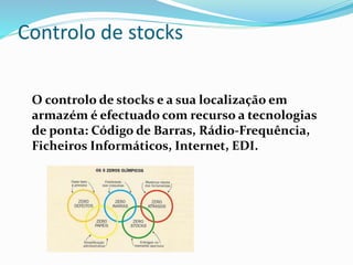 Controlo de stocks 
O controlo de stocks e a sua localização em 
armazém é efectuado com recurso a tecnologias 
de ponta: Código de Barras, Rádio-Frequência, 
Ficheiros Informáticos, Internet, EDI. 
 