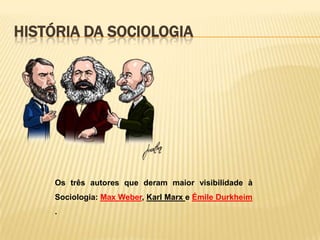 HISTÓRIA DA SOCIOLOGIA

Os três autores que deram maior visibilidade à
Sociologia: Max Weber, Karl Marx e Émile Durkheim
.

 