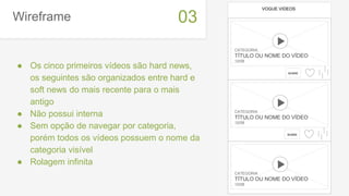 Wireframe
● Os cinco primeiros vídeos são hard news,
os seguintes são organizados entre hard e
soft news do mais recente para o mais
antigo
● Não possui interna
● Sem opção de navegar por categoria,
porém todos os vídeos possuem o nome da
categoria visível
● Rolagem infinita
03
VOGUE VIDEOS
imagem
thumbnail
CATEGORIA
TÍTULO OU NOME DO VÍDEO
12/08
imagem
thumbnail
CATEGORIA
TÍTULO OU NOME DO VÍDEO
12/08
imagem
thumbnail
CATEGORIA
TÍTULO OU NOME DO VÍDEO
12/08
SHARE
SHARE
 