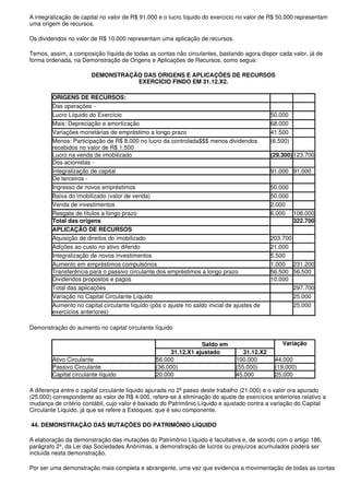 A integralização de capital no valor de R$ 91.000 e o lucro líquido do exercício no valor de R$ 50.000 representam
uma origem de recursos.

Os dividendos no valor de R$ 10.000 representam uma aplicação de recursos.

Temos, assim, a composição líquida de todas as contas não circulantes, bastando agora dispor cada valor, já de
forma ordenada, na Demonstração de Origens e Aplicações de Recursos, como segue:

                       DEMONSTRAÇÃO DAS ORIGENS E APLICAÇÕES DE RECURSOS
                                  EXERCÍCIO FINDO EM 31.12.X2.

        ORIGENS DE RECURSOS:
        Das operações -
        Lucro Líquido do Exercício                                                            50.000
        Mais: Depreciação e amortização                                                       68.000
        Variações monetárias de empréstimo a longo prazo                                      41.500
        Menos: Participação de R$ 8.000 no lucro da controlada$$$ menos dividendos            (6.500)
        recebidos no valor de R$ 1.500
        Lucro na venda de imobilizado                                                         (29.300) 123.700
        Dos acionistas -
        Integralização de capital                                                             91.000 91.000
        De terceiros -
        Ingresso de novos empréstimos                                                         50.000
        Baixa do imobilizado (valor de venda)                                                 50.000
        Venda de investimentos                                                                2.000
        Resgate de títulos a longo prazo                                                      6.000 108.000
        Total das origens                                                                            322.700
        APLICAÇÃO DE RECURSOS
        Aquisição de direitos do imobilizado                                                  203.700
        Adições ao custo no ativo diferido                                                    21.000
        Integralização de novos investimentos                                                 5.500
        Aumento em empréstimos compulsórios                                                   1.000 231.200
        Transferência para o passivo circulante dos empréstimos a longo prazo                 56.500 56.500
        Dividendos propostos e pagos                                                          10.000
        Total das aplicações                                                                          297.700
        Variação no Capital Circulante Líquido                                                        25.000
        Aumento no capital circulante líquido (pós o ajuste no saldo inicial de ajustes de            25.000
        exercícios anteriores)

Demonstração do aumento no capital circulante líquido

                                                                 Saldo em                         Variação
                                                      31.12.X1 ajustado            31.12.X2
        Ativo Circulante                        56.000                          100.000        44.000
        Passivo Circulante                      (36.000)                        (55.000)       (19.000)
        Capital circulante líquido              20.000                          45.000         25.000

A diferença entre o capital circulante líquido apurada no 2º passo deste trabalho (21.000) e o valor ora apurado
(25.000) correspondente ao valor de R$ 4.000, refere-se à eliminação do ajuste de exercícios anteriores relativo a
mudança de critério contábil, cujo valor é baixado do Patrimônio Líquido e ajustado contra a variação do Capital
Circulante Líquido, já que se refere a Estoques, que é seu componente.

44. DEMONSTRAÇÃO DAS MUTAÇÕES DO PATRIMÔNIO LÍQUIDO

A elaboração da demonstração das mutações do Patrimônio Líquido é facultativa e, de acordo com o artigo 186,
parágrafo 2º, da Lei das Sociedades Anônimas, a demonstração de lucros ou prejuízos acumulados poderá ser
incluída nesta demonstração.

Por ser uma demonstração mais completa e abrangente, uma vez que evidencia a movimentação de todas as contas
 