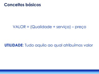 VALOR = (Qualidade + serviço) – preço
UTILIDADE: Tudo aquilo ao qual atribuímos valor
Conceitos básicos
 