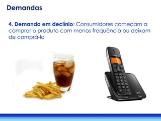 4. Demanda em declínio: Consumidores começam a
comprar o produto com menos frequência ou deixam
de comprá-lo
Demandas
 