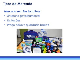 Mercado sem fins lucrativos
• 3º setor e governamental
• Licitações
• Preço baixo = qualidade baixa?
Tipos de Mercado
 