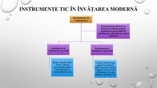 INSTRUMENTE TIC ÎN ÎNVĂŢAREA MODERNĂ
Instrumente de
comunicare
Instrumente de
comunicare sincronă
Skype, Google Meet,
Zoom, sisteme
specializate pentru
videodifuzare şi
videoconferinţe, etc
Instrumente de
comunicare asincronă
e-mail, forum, blog,
grupuri de discuţii,
RSS, repozitorii pentru
imagini, texte şi video
(Slideshare, Google
albums, YouTube, etc)
instrumentele software şi
hardware folosite pentru
organizarea procesului de
comunicare, atât sincron, cât şi
asincron
 