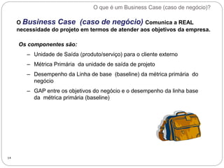 O que é um Business Case (caso de negócio)?
14
Os componentes são:
– Unidade de Saída (produto/serviço) para o cliente externo
– Métrica Primária da unidade de saída de projeto
– Desempenho da Linha de base (baseline) da métrica primária do
negócio
– GAP entre os objetivos do negócio e o desempenho da linha base
da métrica primária (baseline)
O Business Case (caso de negócio) Comunica a REAL
necessidade do projeto em termos de atender aos objetivos da empresa.
 